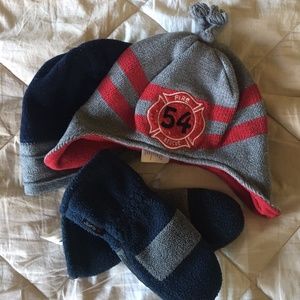 Gymboree Fire Rescue hat, The Children's Place hat, and Land's End mittens